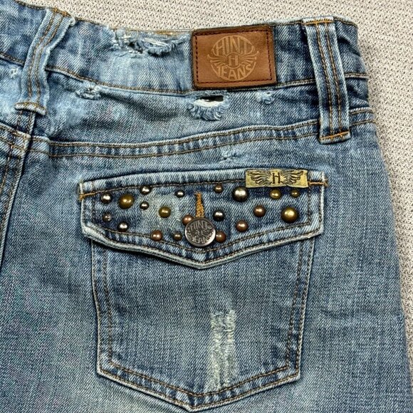 Hint Jeans Womens Blue Denim Skirt Distressed Studded Pockets Medium Wash Size 5 - Picture 4 of 12
